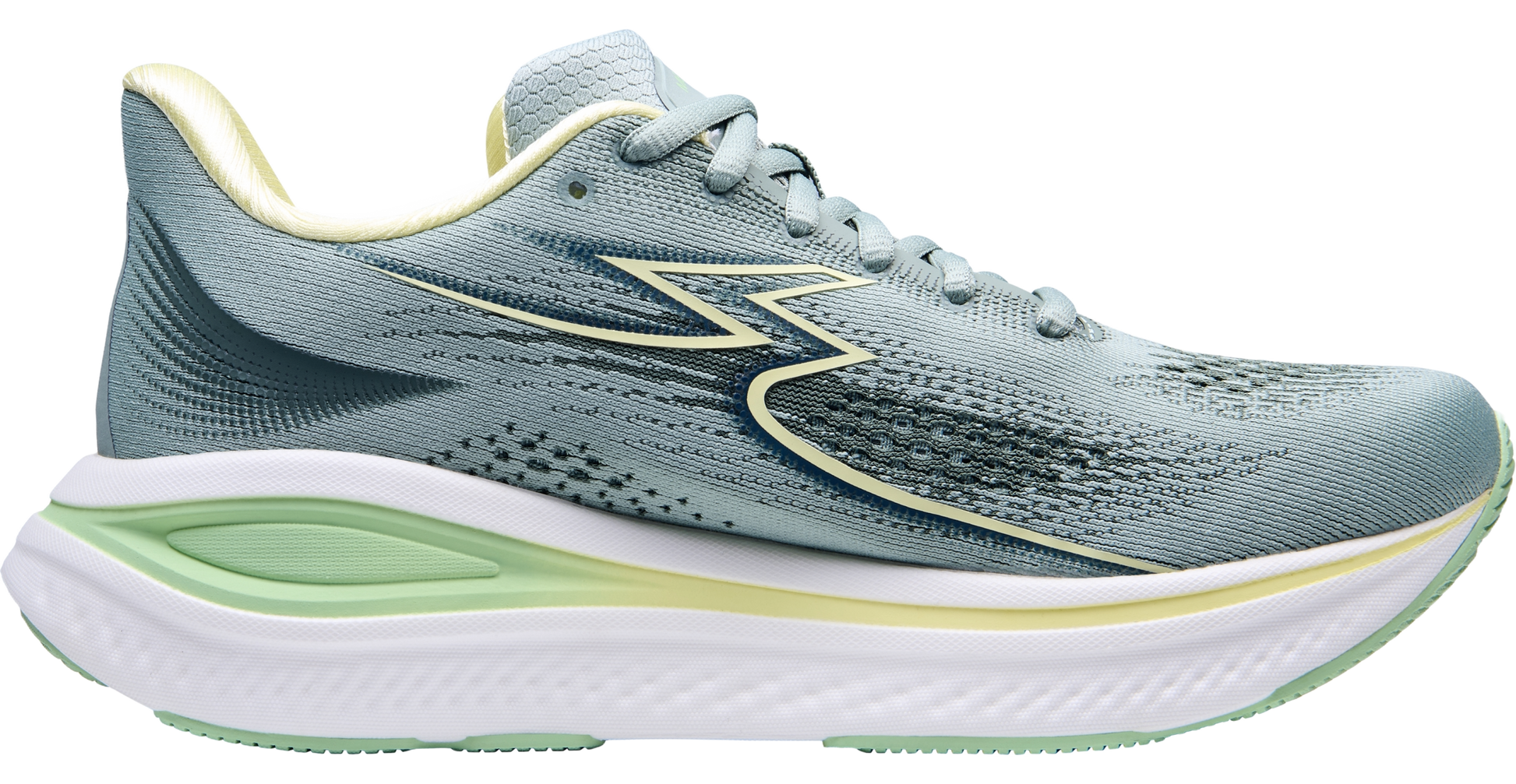 Blue running shoe with white sole on a white background