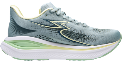 Blue running shoe with white sole on a white background