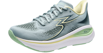 Light blue running shoe with green accents on a white background