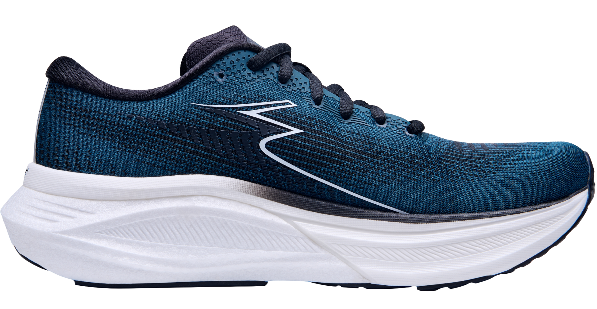 Blue running shoe with white sole on a white background