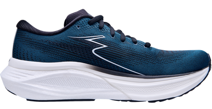 Blue running shoe with white sole on a white background