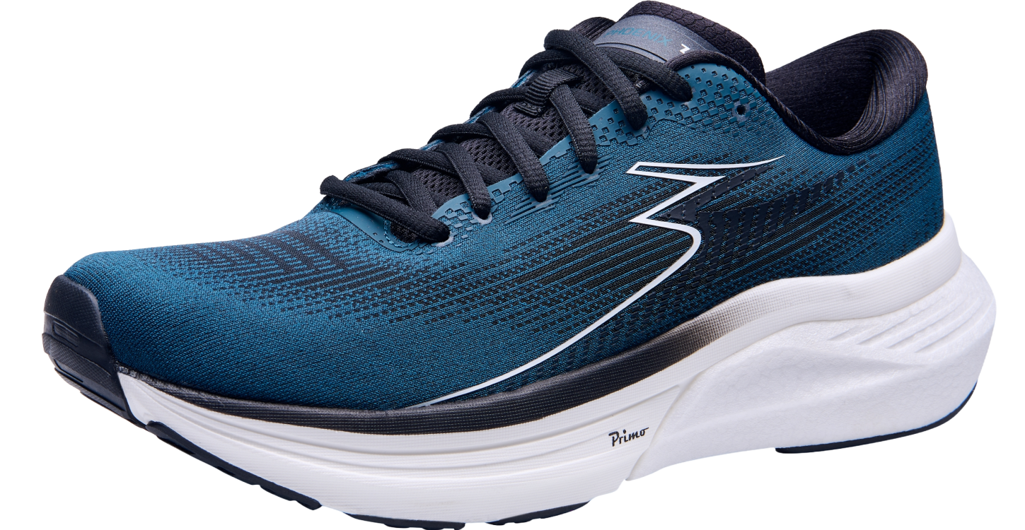 Blue running shoe with white sole on a white background