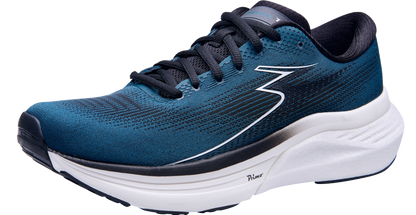 Blue running shoe with white sole on a white background