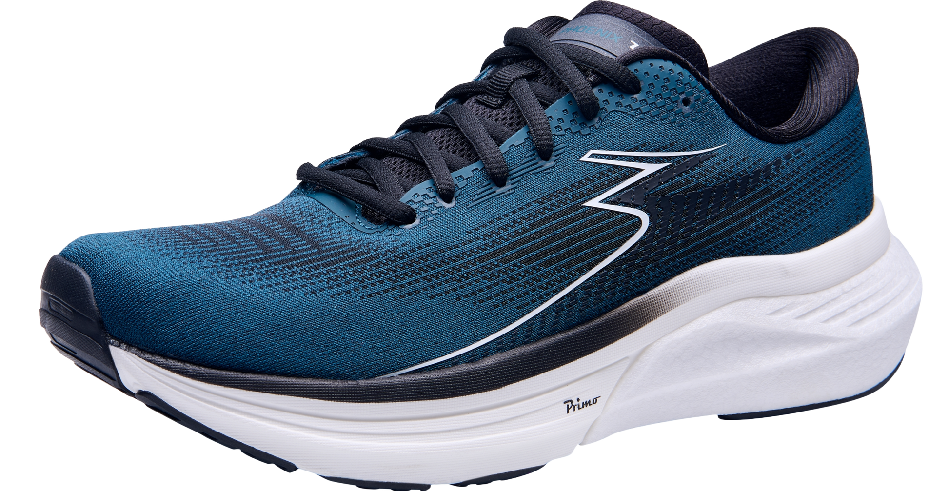 Blue running shoe with white sole on a white background