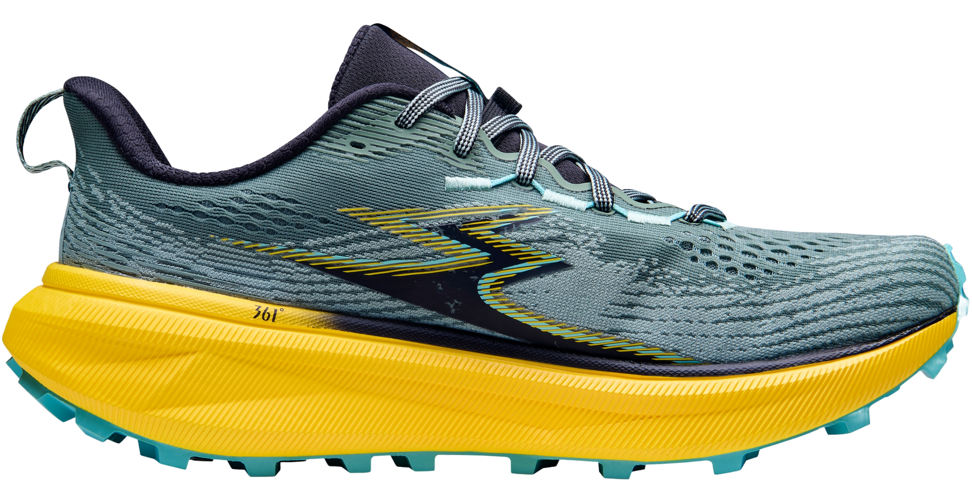 Gray running shoe with yellow sole on a white background