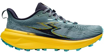 Gray running shoe with yellow sole on a white background