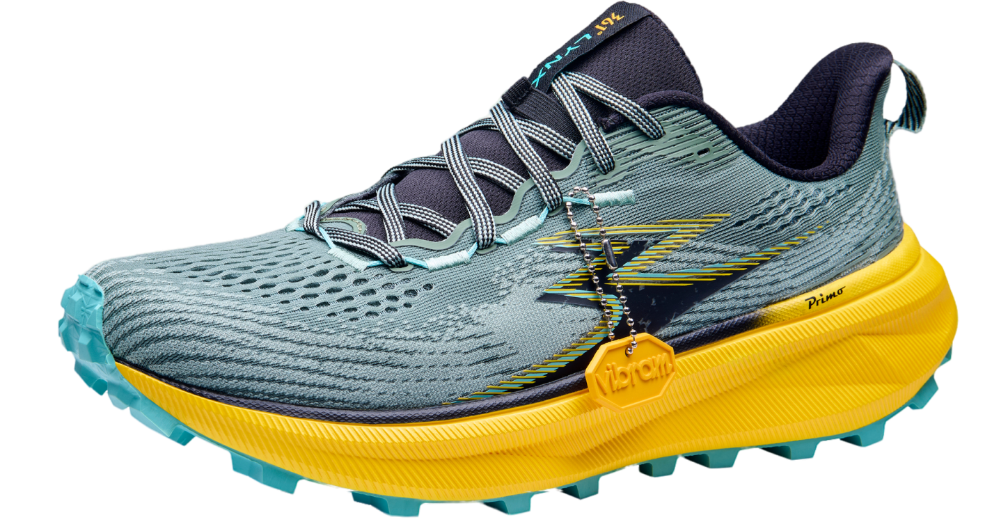 Gray and yellow running shoe with blue sole on a white background