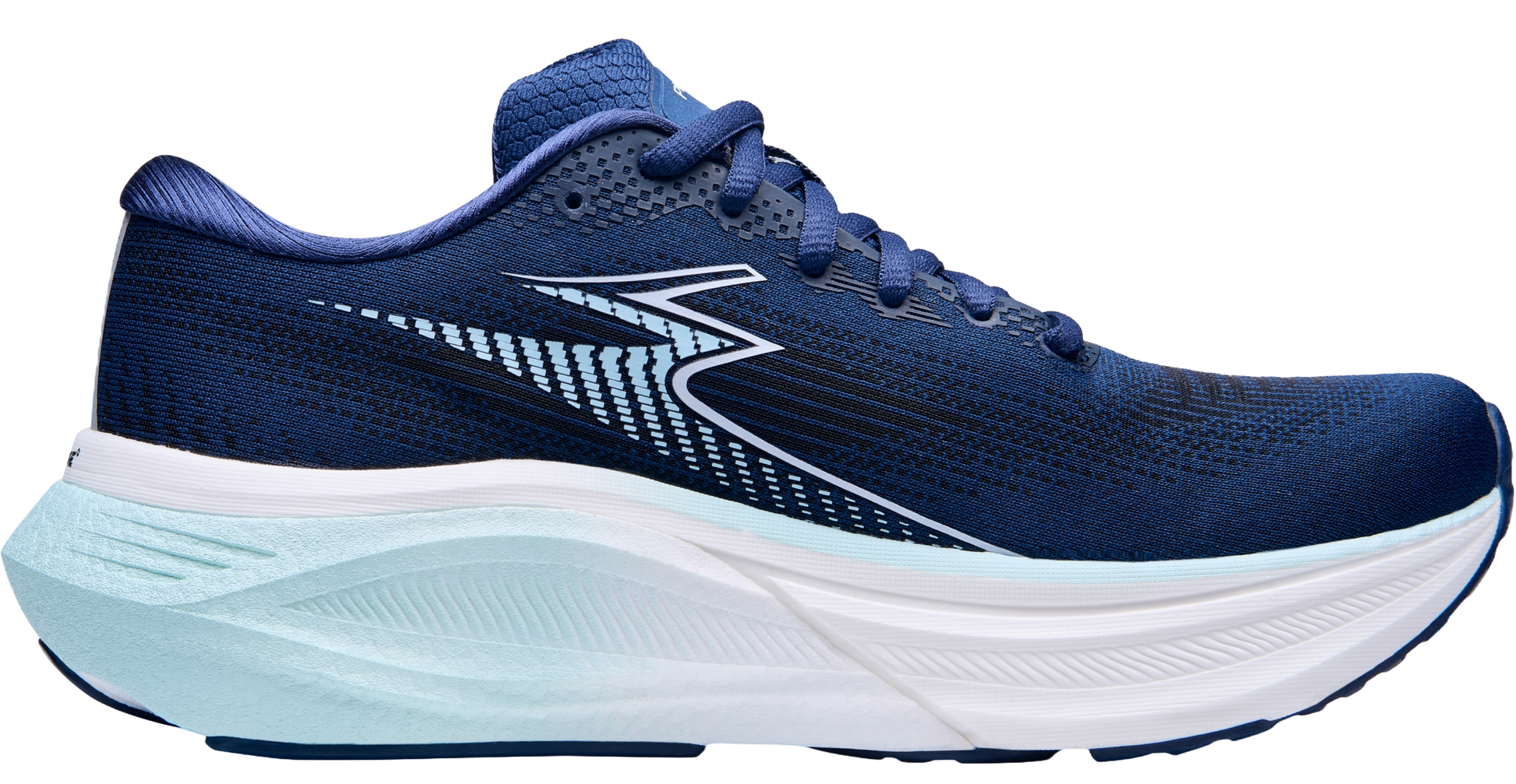 Blue running shoe with white sole on a white background