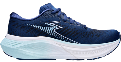 Blue running shoe with white sole on a white background