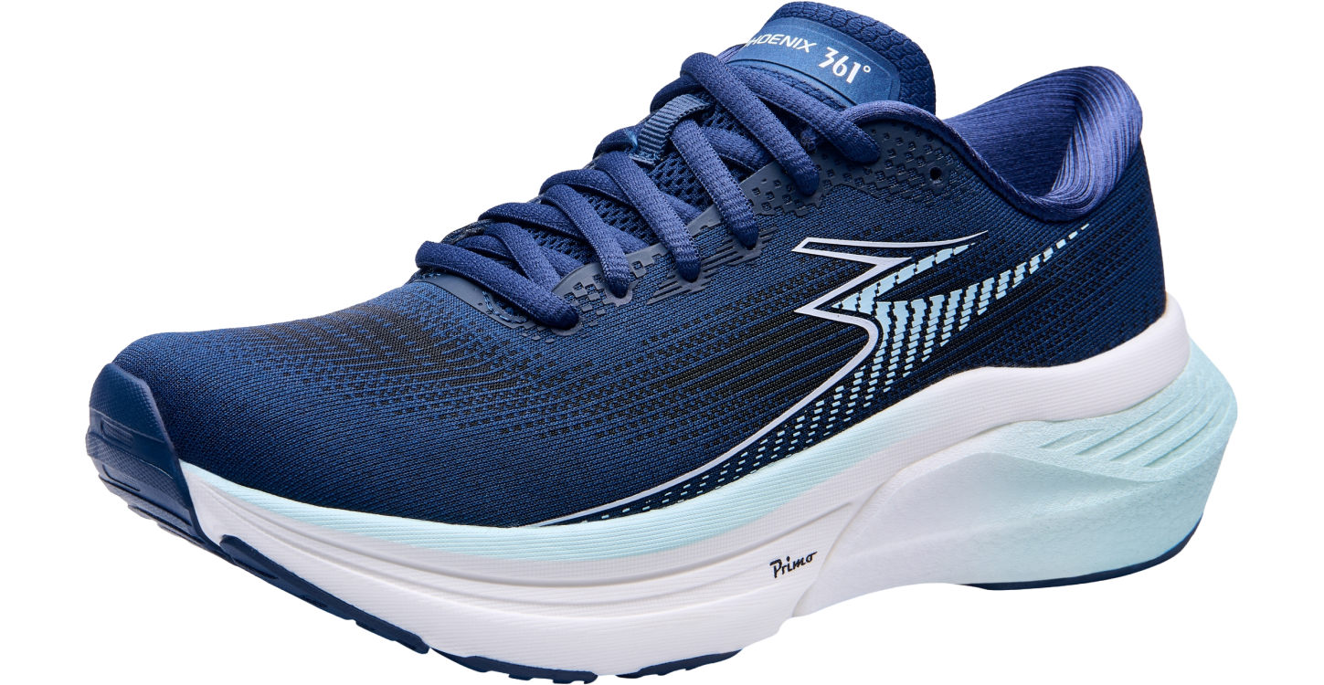 Blue running shoe with white sole on a white background