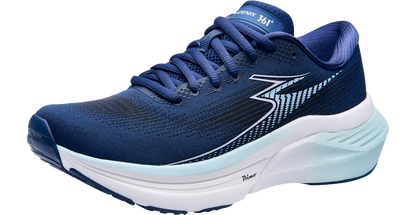 Blue running shoe with white sole on a white background