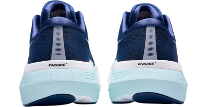 Blue running shoes with 'Engage' branding on a white background