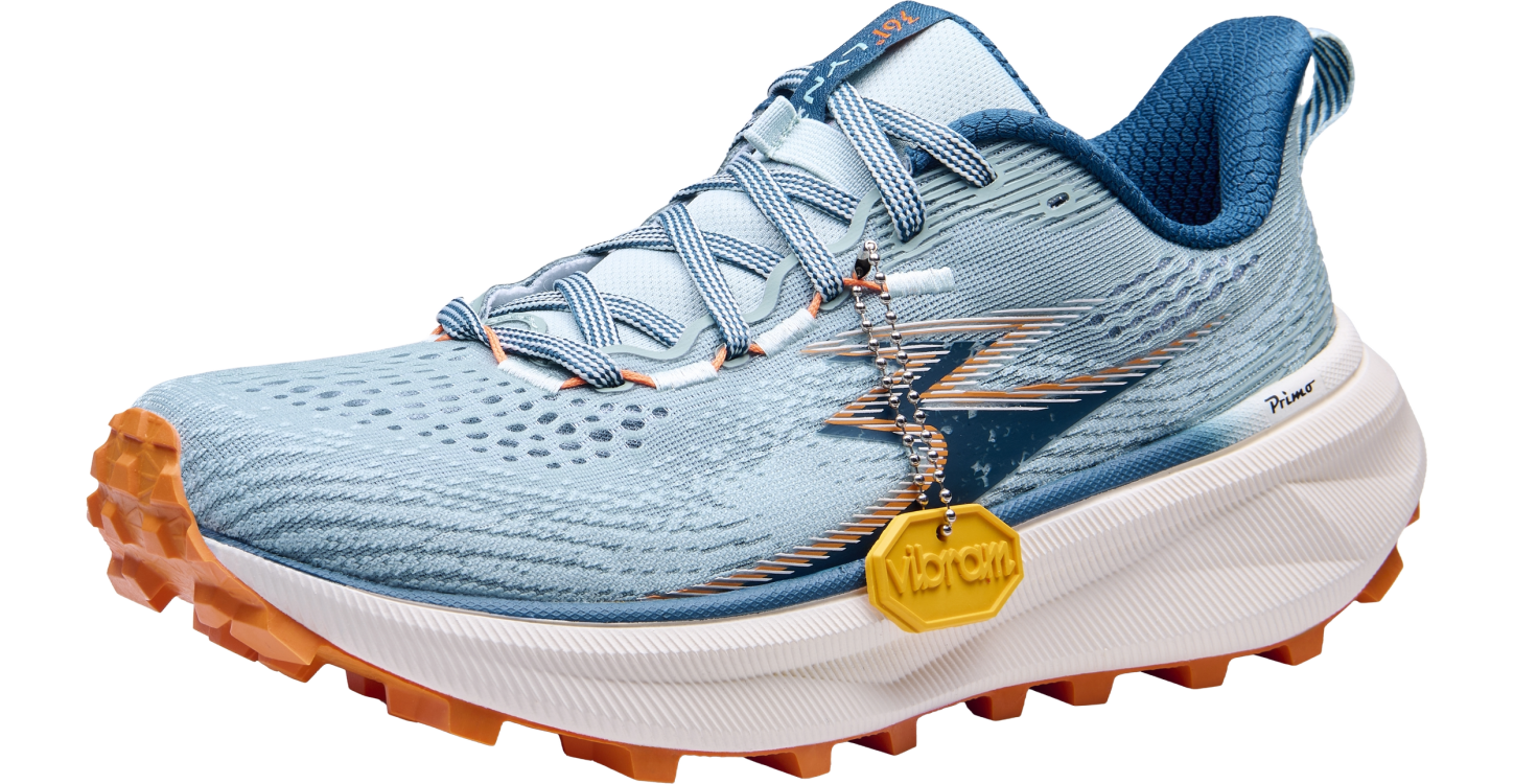 Blue running shoe with orange sole on a white background