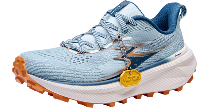 Blue running shoe with orange sole on a white background
