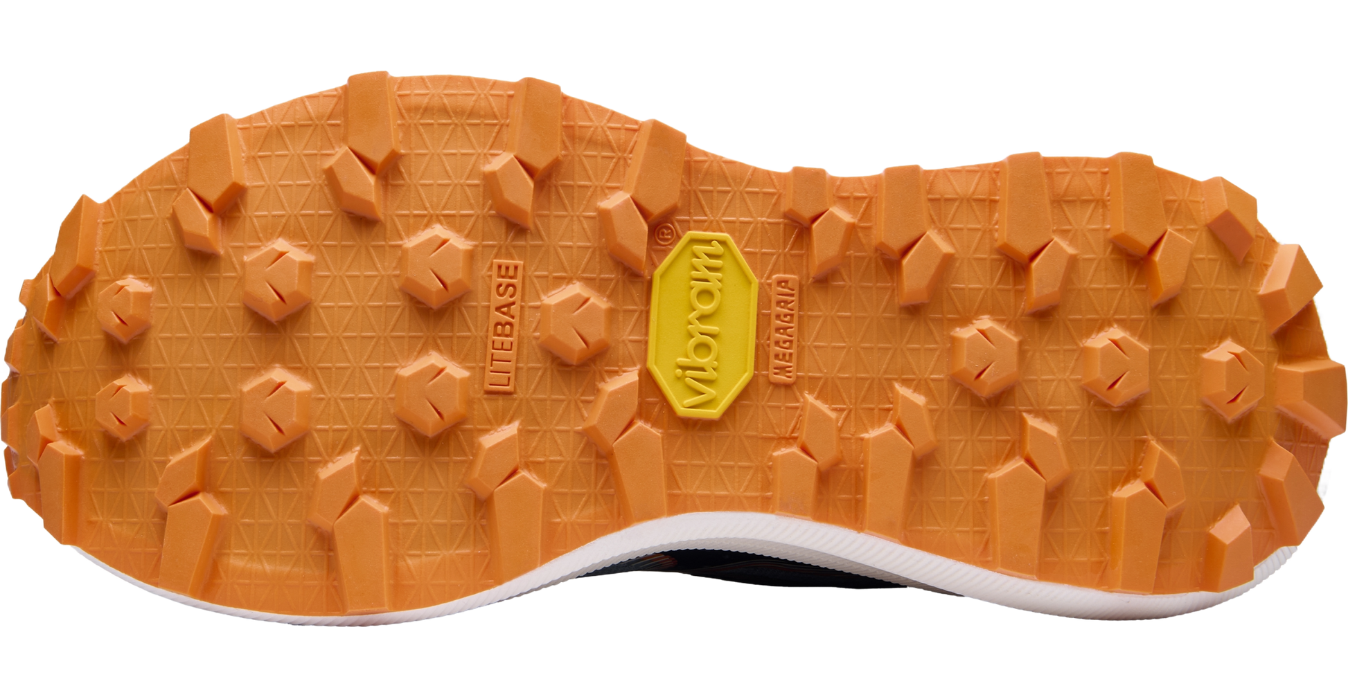 Close-up of a shoe sole with orange tread pattern and Vibram logo on a white background