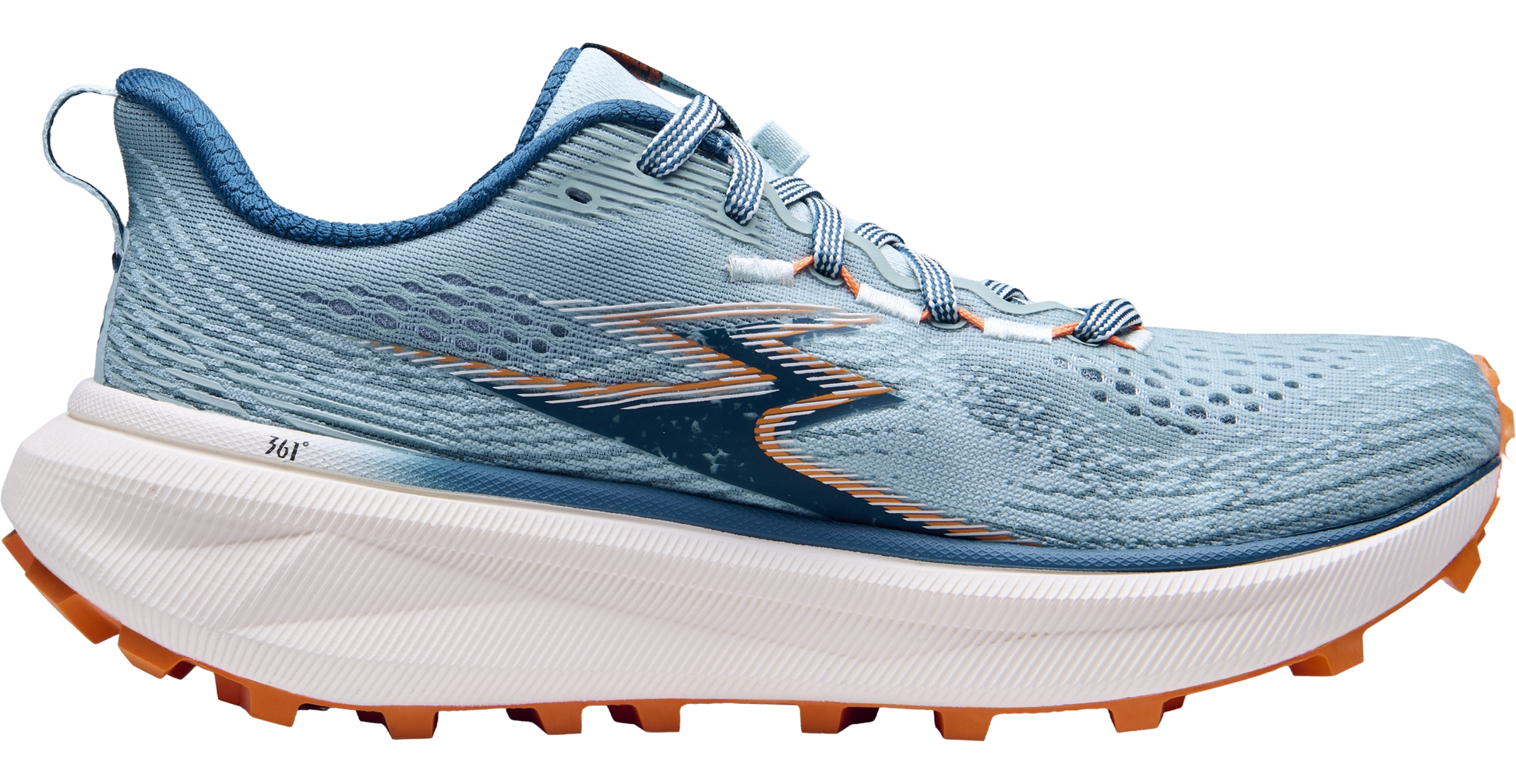 Blue running shoe with white sole on a white background