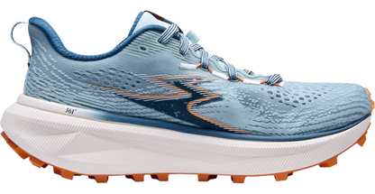 Blue running shoe with white sole on a white background