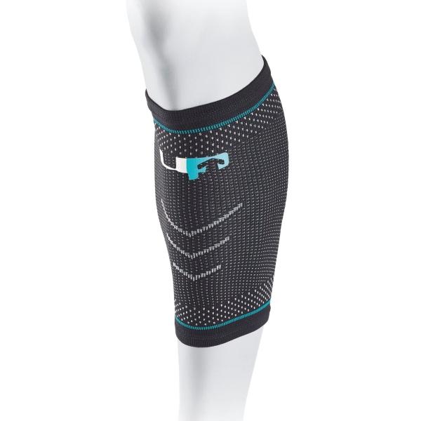 Black compression sleeve with blue logo on a white background