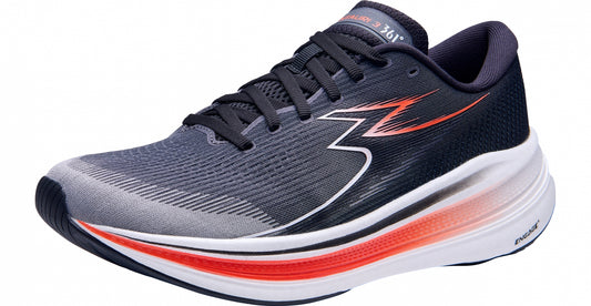 Gray running shoe with black and red accents on a white background