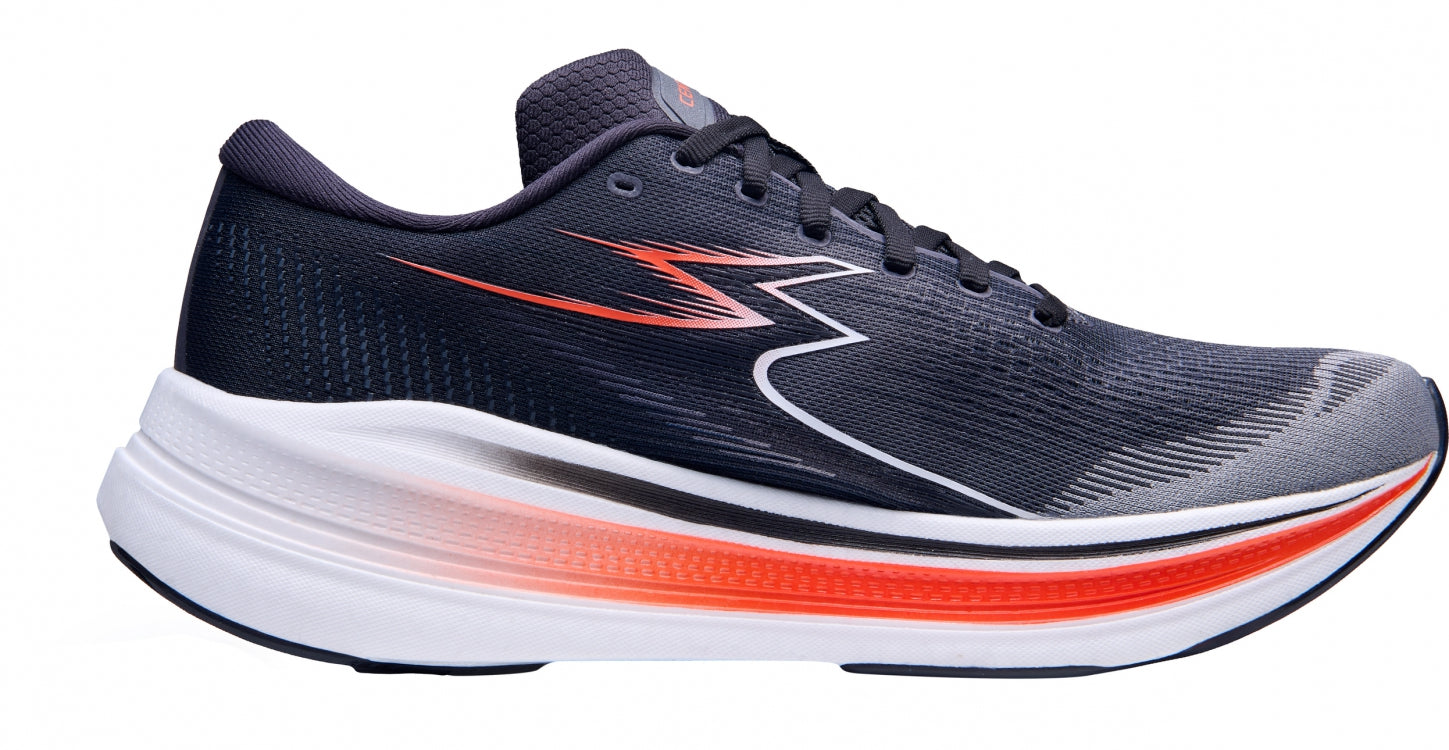 Black running shoe with red and white accents on a white background