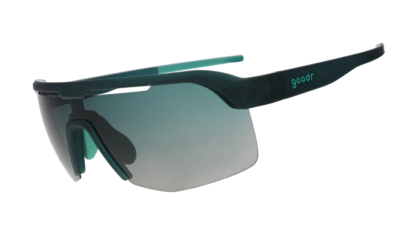 Goodr Bolt G: Electric Zen Machine Sunglasses with black frame and green-tinted lenses on a white background