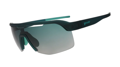 Goodr Bolt G: Electric Zen Machine Sunglasses with black frame and green-tinted lenses on a white background