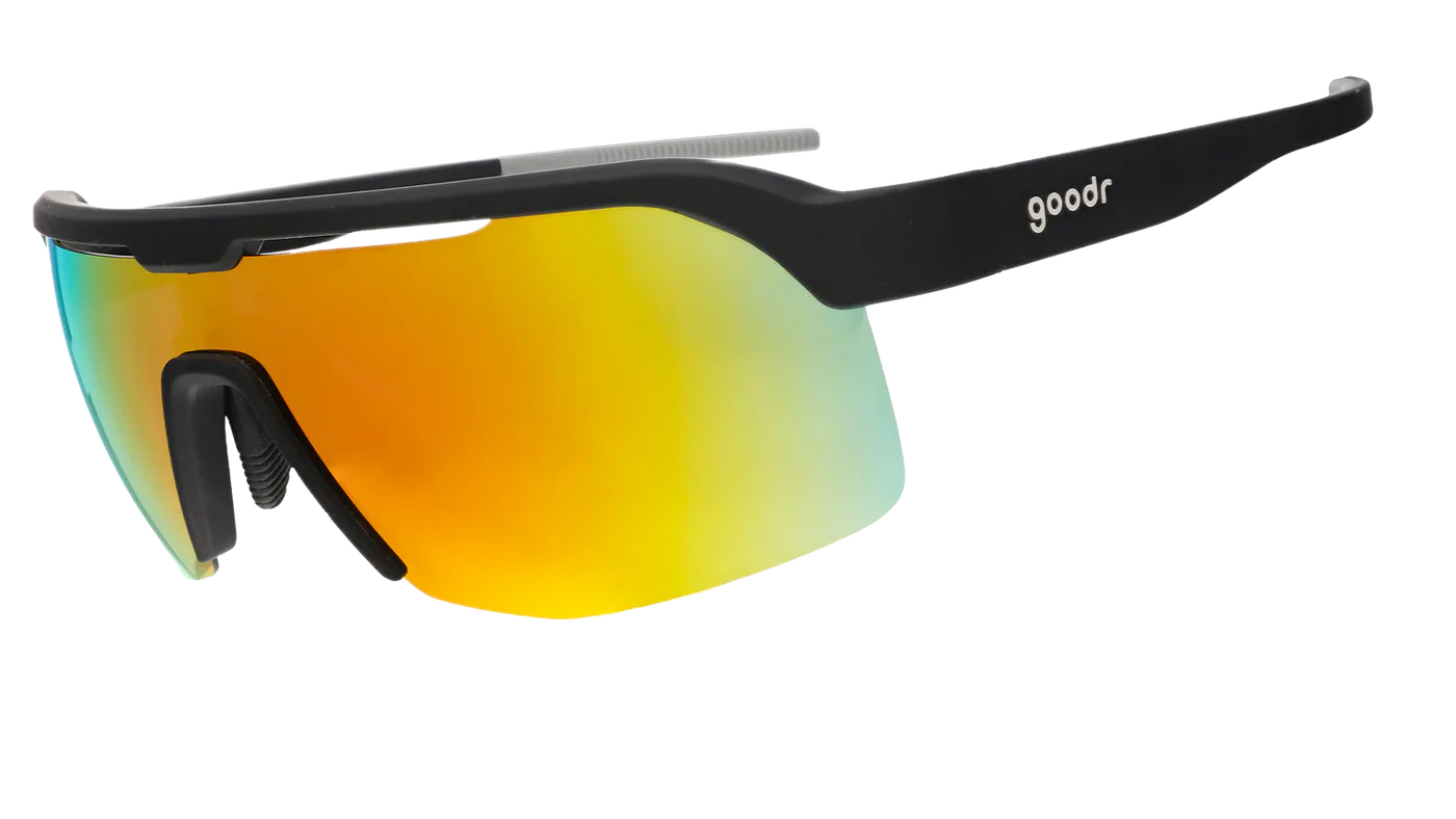 Goodr Bolt G: Do It For The Victory Dance wraparound Sunglasses with black frame and colorful lenses on a white background