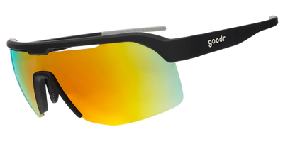 Goodr Bolt G: Do It For The Victory Dance wraparound Sunglasses with black frame and colorful lenses on a white background