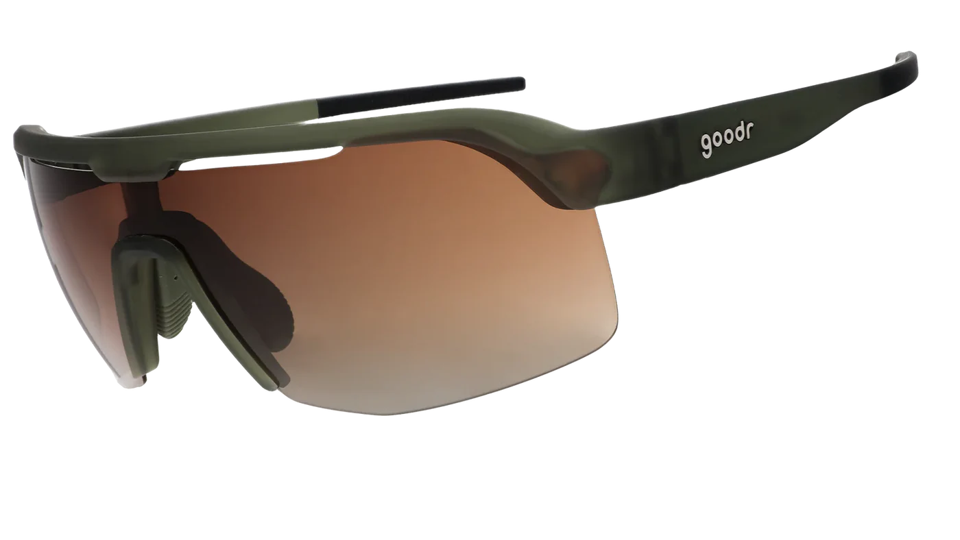 Goodr Bolt G The Jungle Is My Gym wraparound Sunglasses with a gradient brown lens and black frame on a white background