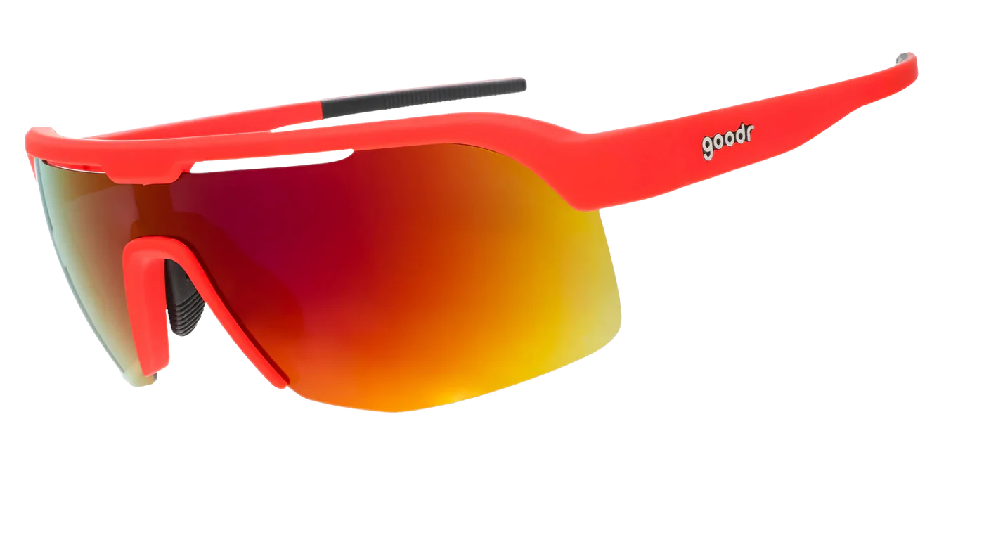Goodr Bolt G: Dante’s Shin Splint Inferno Red sunglasses with a reflective lens on a white background