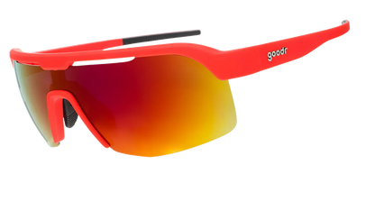 Goodr Bolt G: Dante’s Shin Splint Inferno Red sunglasses with a reflective lens on a white background