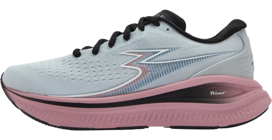 A light grey and pink 361° Women's Meraki 7 running shoe with black laces and a black midsole accent, shown from a side profile view on a white background.