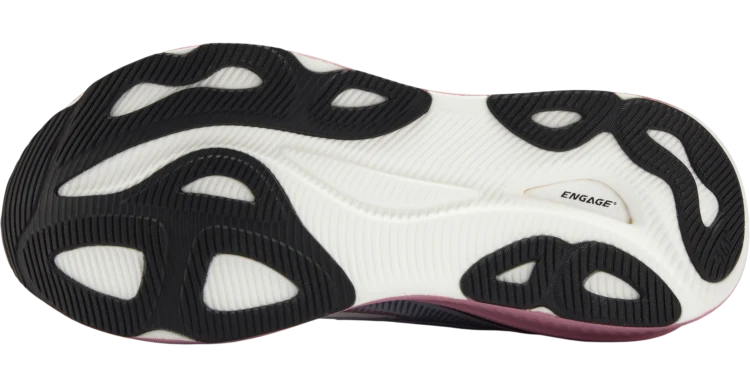 Close-up of a 361° Women's Meraki 7 shoe sole showing a black and white patterned tread with a small pink accent at the bottom edge and the word ENGAGE printed on the white section.