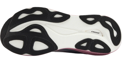Close-up of a 361° Women's Meraki 7 shoe sole showing a black and white patterned tread with a small pink accent at the bottom edge and the word ENGAGE printed on the white section.