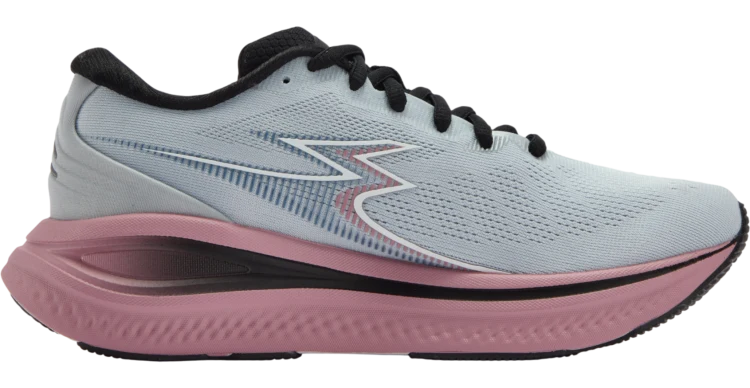 A light gray 361° Women's Meraki 7 running shoe with a thick pink and black midsole, black laces, and a black heel collar, shown from a side profile on a white background.