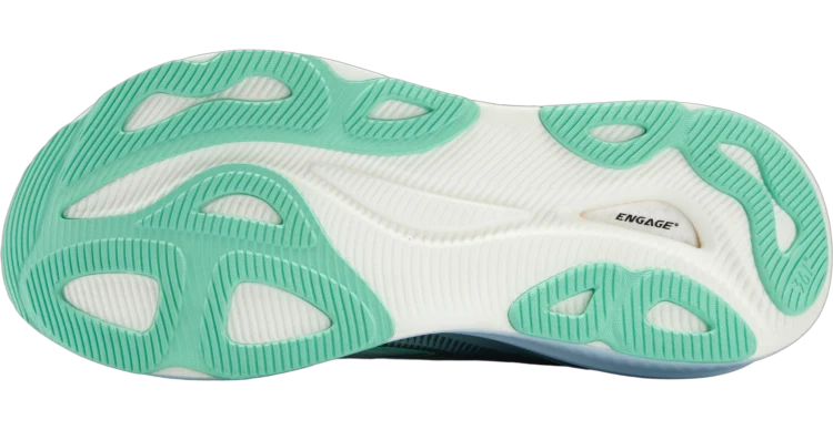 The outsole of a 361° Women's Meraki 7 running shoe, featuring a white and mint green cushioned design with the word 'ENGAGE' printed on the side.