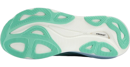The outsole of a 361° Women's Meraki 7 running shoe, featuring a white and mint green cushioned design with the word 'ENGAGE' printed on the side.