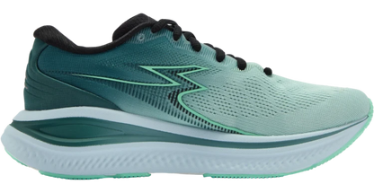 A 361° Women's Meraki 7 running shoe in mint green and teal with black laces and a white midsole, shown from a side profile view against a white background.
