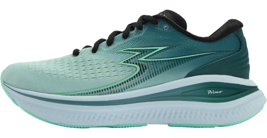 A single 361° Women's Meraki 7 running shoe shown in a side profile view against a plain white background. The shoe features a mint green and teal upper with black laces, a dark teal heel section, a thick white midsole, and a small 'Primo' logo on the heel of the sole.