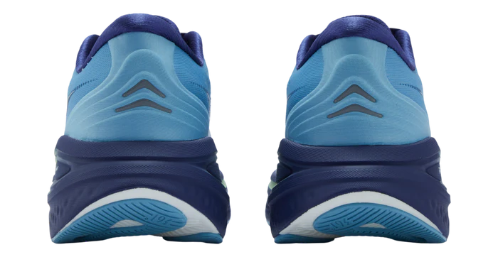 Blue running shoes shown from the back on a white background