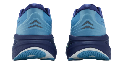 Blue running shoes shown from the back on a white background