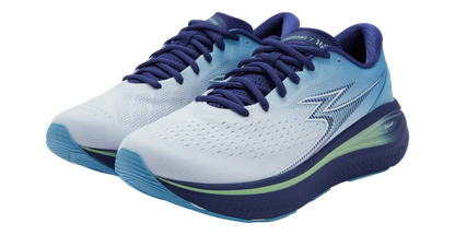 White running shoes with blue accents on a white background