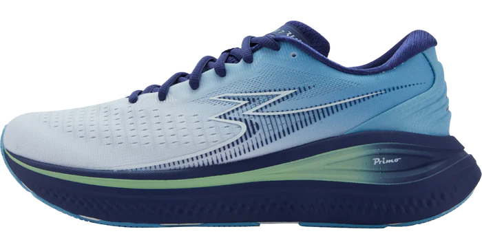 Blue running shoe with a white sole on a white background