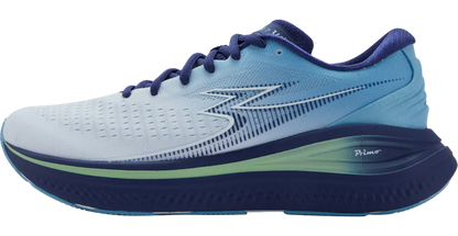 Blue running shoe with a white sole on a white background