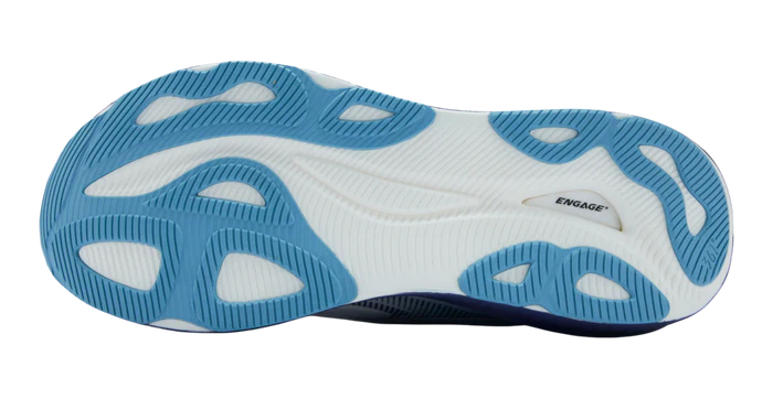 Blue and white shoe sole with 'Engage' branding on a white background
