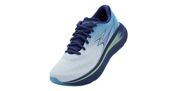 White and blue running shoe on a white background