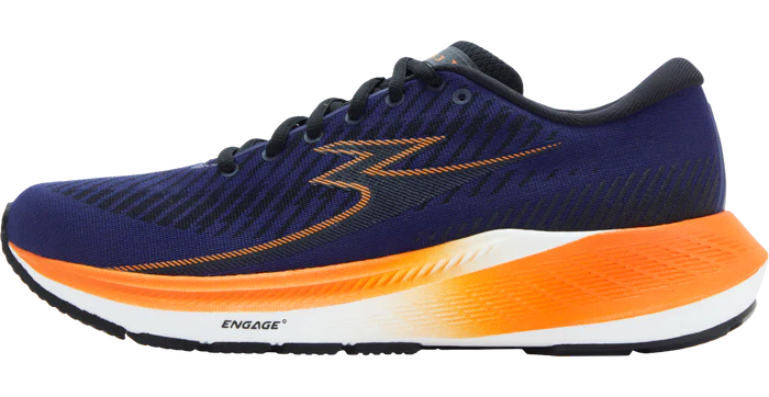 Blue and orange running shoe on a white background
