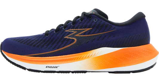 Blue and orange running shoe on a white background