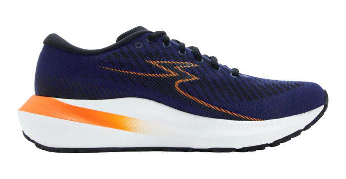Navy running shoe with orange and white accents on a white background