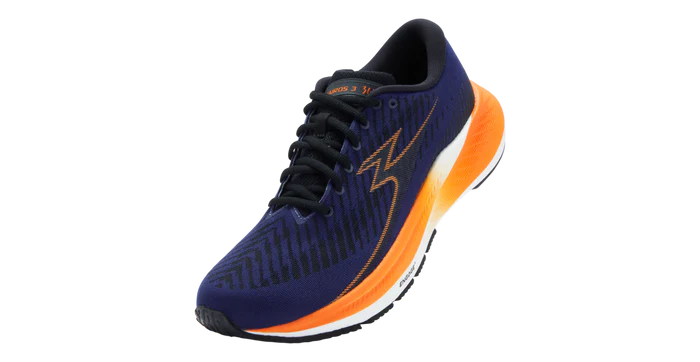 Blue and orange running shoe on a white background